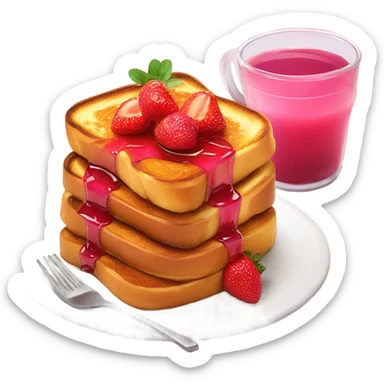 Stack of French toast with strawberry on top and pink syrup sticker