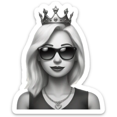 Create a charcoal drawing of a woman with blonde hair, sunglasses and a crown sticker