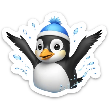 A cheerful penguin swimmer in swim cap, doing a playful backstroke with water rings popping around.
 sticker