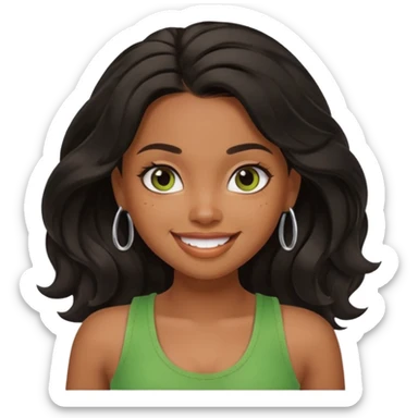 a pretty bratz brown girl with long wavy black color hair, brown eyes and green tank who is smiling sticker