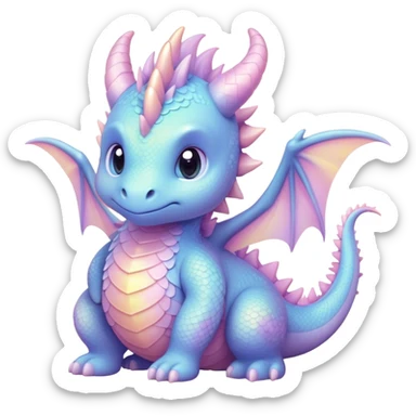 Cinematic fluffy pastel dragon, tiny round wings, chubby feet, sparkling gentle eyes, delicate glowing scales, soft colors blending magically, enchanting and whimsical. sticker