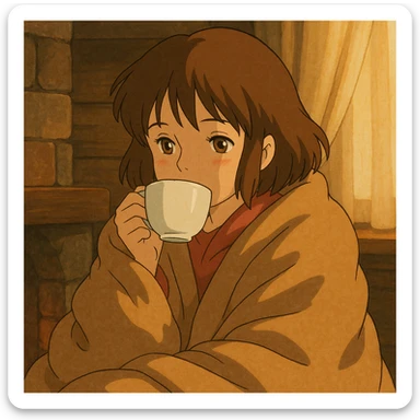 girl with brown hair and light brown eyes drinking coffee from a cup, wrapped in a blanket, ghibli style sticker