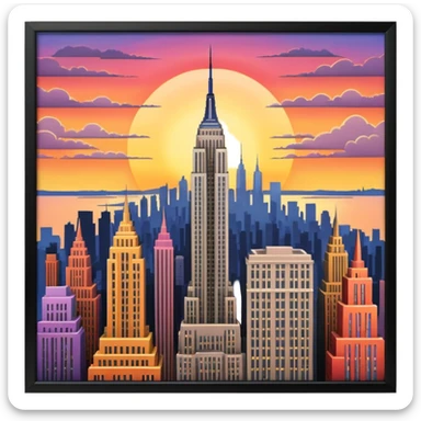 New York Empire State with buildings and a sunset sticker