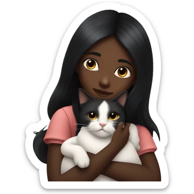girl with very long black hair and dark skin hugging a cat  sticker