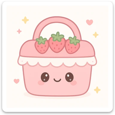 a pink picnic basket with strawberries and lace, cottagecore style, gentle and romantic sticker