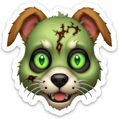 zombie dog portrait, head and shoulders only, torn fur, glowing green eyes, stitched face details, spooky but cute, 3D cartoon, mobile game icon style, clean background, no text, no watermark
 sticker