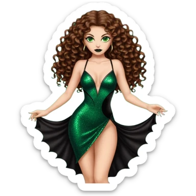 green eyes brown long curly hair evil siren woman,with 7 inch platform stripper high heels black glitter dress, Los Angeles Spanish style black outfit sticker