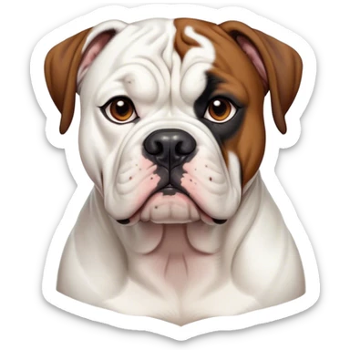 Cinematic Noble Black and White American Bulldog Portrait Emoji, Poised and regal, with a strong, muscular build and a striking black and white coat, deep-set soulful brown eyes, Simplified yet sharp and sophisticated features, highly detailed, glowing with a soft, dignified glow, high shine, intelligent and loyal, stylized with an air of strength, focused and attentive, soft glowing outline, capturing the essence of a watchful and confident guardian, so majestic it feels as though it could step out of the screen with effortless authority! sticker