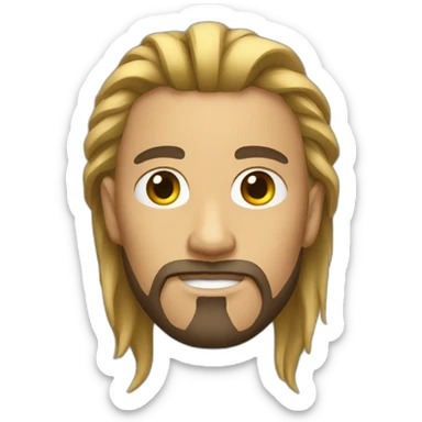 Men with long, tied hair and a goatee sticker