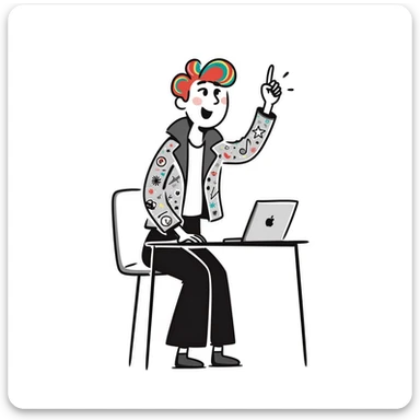 Edgy female rock musician with colorful tattoo sleeve, undercut hairstyle with vibrant dyed hair, wearing leather jacket, sitting at classroom desk with laptop, hand raised enthusiastically sticker