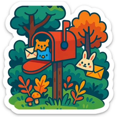 forest mailbox with tiny animal letters, cozy woodland theme, vibrant toon style, colorful and lively sticker