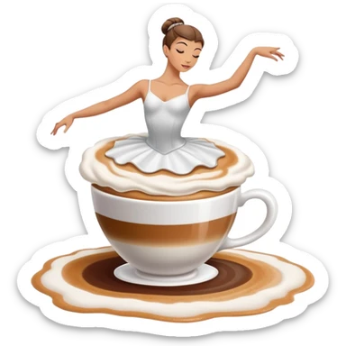 Ballerina dancer emerging from cappuccino foam, graceful pose, coffee cup sticker
