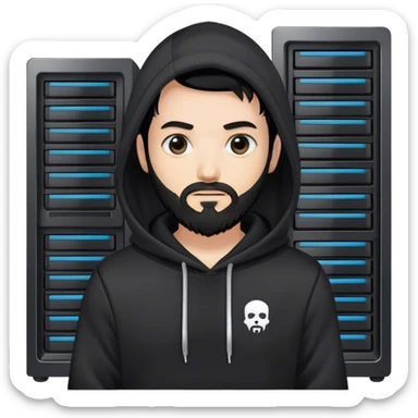 hackeur blanc cheveux noir barbe et capuche noir à côté d'un server ia sticker