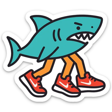 shark with three legs wearing Nike sneakers with white logo, linear icon style, transparent background sticker