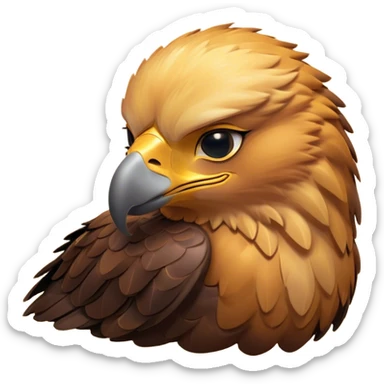 Meme-Worthy Cute Sleeping Golden Eagle Portrait Emoji, Head resting peacefully with a contented smile, showcasing a stately, broad-beaked form with eyes gently closed in serene slumber and luxuriously soft, golden plumage, Simplified yet adorably endearing features, highly detailed, glowing with a soft, drowsy amber light, high shine, relaxed and utterly lovable, stylized with an air of playful laziness, soft glowing outline, capturing the essence of a sleeping golden eagle that feels destined to become the next viral icon of adorable rest! sticker