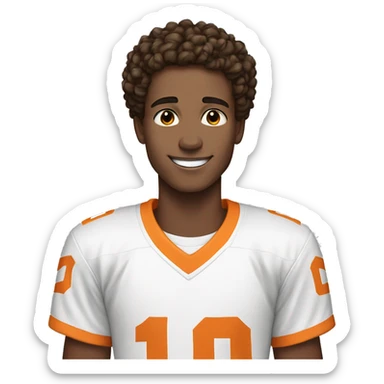 Boy, 20 years old, light skin, dark brown hair, hair short and curly, brown eyes, has freckles, smiling, wearing a white jersey  sticker