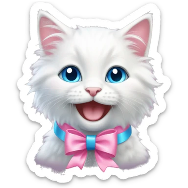 A happy cute fluffy white kitten with blue eyes and a pink bow  sticker