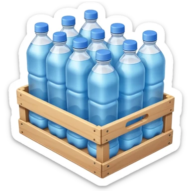 A 3D cartoon crate filled with water bottles, neatly arranged, bright industrial background, smooth reflections, realistic Memoji-style. sticker