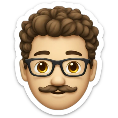 jeune homme cheveux bouclé et brun, fine lunette et moustache sticker