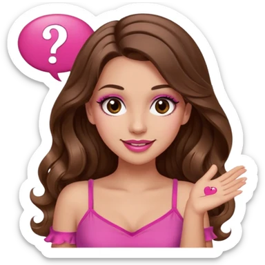girl with long wavy brown hair, brown eyes, long lashes makeup, sexy pink lips, light to medium complexion, wearing a pink sexy top, shugging, smiling, question mark one speech bubble sticker