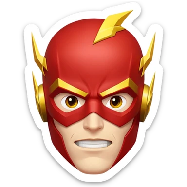face of The Flash superhero with bold expression, red mask, and yellow lightning sticker