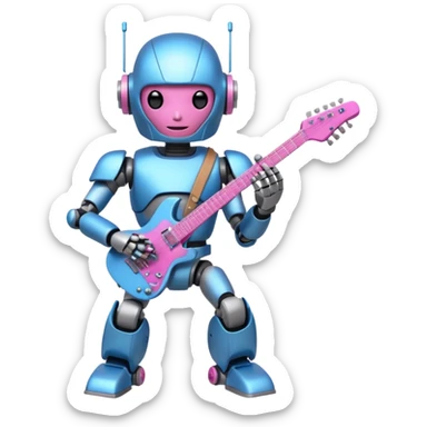 a cyper robot carry her note and electric guitar and try to change the world with pink and bluecolor sticker