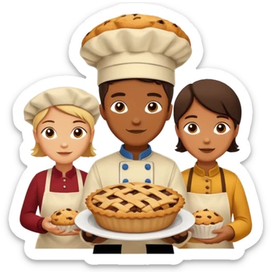 Baking community humanless avatar in vibrant style illustration. Pie, cookie, and muffin warm golden tones, simple shapes, flat design, high contrast. sticker