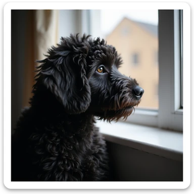photorealistic black doodle dog looking out a window with soft natural light, accurate details sticker