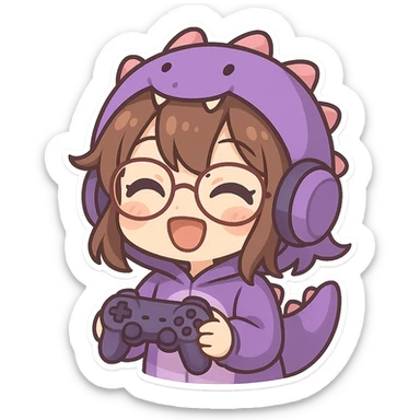 chibi anime style gamer girl with glasses, brown hair, dark purple eyes, wearing a purple dinosaur costume, happy emote sticker