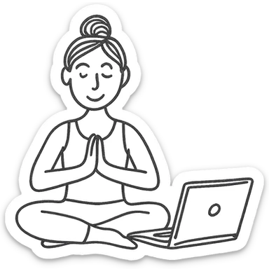 hand-drawn outlined icon of a yoga teacher with a laptop sticker