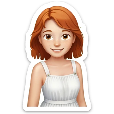  A smiling girl with freckles, wearing a white sundress, standing in a field of daisies. sticker