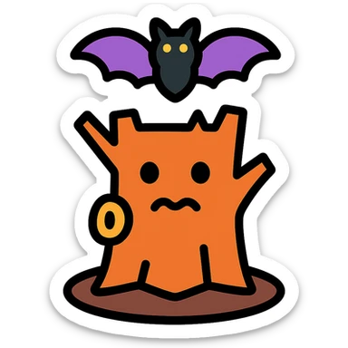 tree trunk with a face and a bat sticker