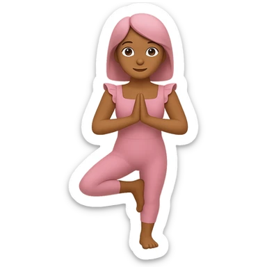 A girl standing in a yoga pose in a pink bodysuit with a square neckline and ruffled cap sleeves, apple style emoji sticker
