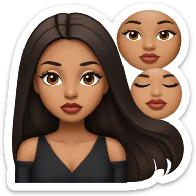 light brown skin tone, very beautiful woman, with big plump lips, long long lashes, black straight long hair, middle hair parting, brown eyes, black dress, sticker