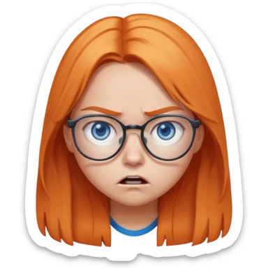 a girl with blue eyes, glasses and light orange long hair angry sticker