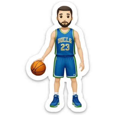 Full Body  white male basketball player with short dark hair and gold tee beard wearing blue and green uniform sticker