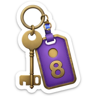 antique brass hotel key with large purple leather room number tag sticker