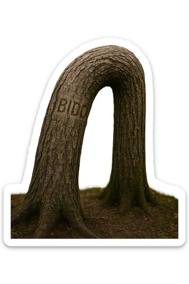 Realistic, vertical 4K illustration: a hyperrealistic tree trunk in a forest setting, noticeably bent, drooping, or wilted instead of standing upright. The bark is textured and detailed WITH THE WORD "LIBIDO" PRINTED ON IT, with subtle cracks and faded colors suggesting loss of vitality. Soft, natural light filters through the surrounding trees, casting gentle shadows. The scene is quiet and contemplative, with the trunk’s unusual, slumped posture symbolizing a decline in male libido. The background is lush and detailed, but the focus remains on the central, softened trunk, evoking a sense of vulnerability and introspection. sticker