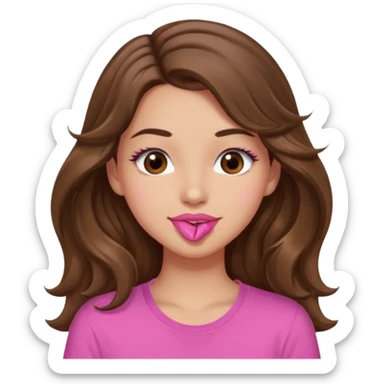 girl with long wavy brown hair, brown eyes, light to medium complexion, in a pink shirt, pink lips, long lashes, puckering up for a kiss, kiss lips sticker
