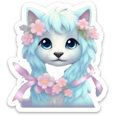 Anthro Cute Cool Blushing Pastel Innocent Shy Kawaii gorgeous sparkly ethereal fantasy animal creature with blue eyes furry sona with flowers and ribbons beautiful aesthetic sticker