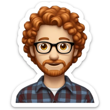 man,25 years,blue eyes,redhead,short curly hair,beard, round glasses, red and black checked shirt sticker