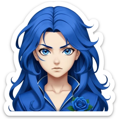 head portrait of anime girl with long dark blue hair, blue rose in hair, fierce blue eyes, extremely intense JoJo's Bizarre Adventure style expression, dramatic angle, bold outlines, strong shading sticker