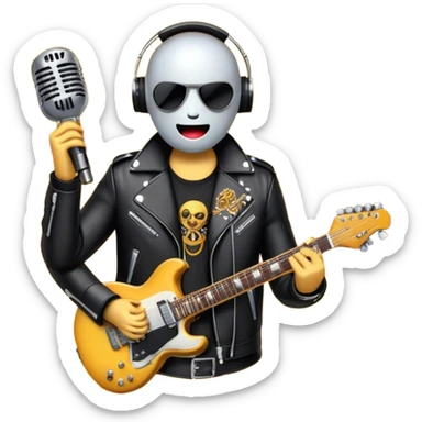 Create a bold and energetic emoji representing rock vocal performance, using a humanless collage. The design should feature a classic vintage microphone as the central element, surrounded by electric guitars, amplifiers, and musical notes that suggest the powerful sound of rock music. Add elements like a leather jacket, electric sparks, and soundwaves to evoke the raw energy and rebellious spirit of rock. Use strong, dynamic colors like black, red, silver, and electric blue to reflect the intensity of rock music. The background should be transparent. sticker