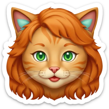 Light-brown wavy hairs, green-blue eyes, light olive skin, red plump lips, orange cat sticker