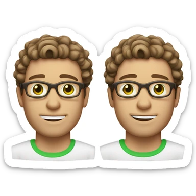 Caucasian male, shoulder length curly brown hair, green eyes, brown glasses, stubble sticker