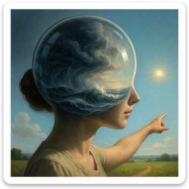 Surreal close-up of a woman's head as a glass globe, inside stormy memories play on loop, outside her body points to sunny present-day opportunities, hyperrealistic 4K, poetic and surreal atmosphere, strong contrast between inside and outside sticker