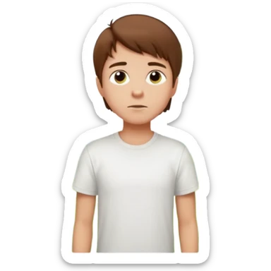 a boy with brown hair in white T-shirt thinking about a park sticker