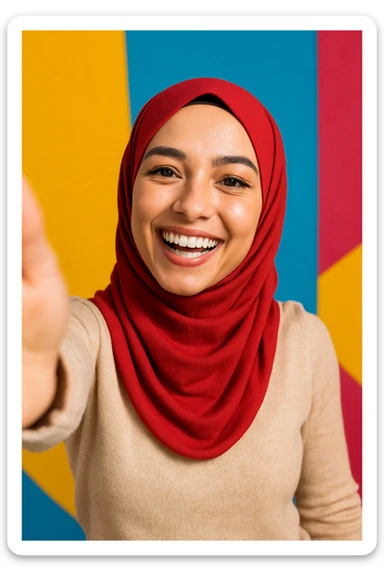 hijabi woman in a cheerful selfie, bright background, joyful mood, modern style, clear facial features sticker