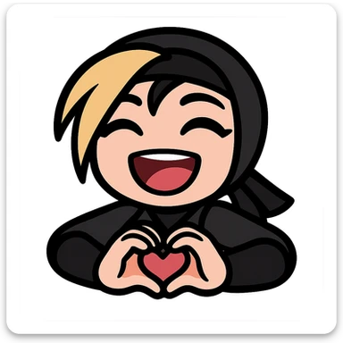 Sexy chibi ninja girl with black short hair and a blonde streak, only head and arms, making a heart gesture with her hands, bold outlines, transparent background, no mask, showing a laughing emotion, sized for Twitch emoji use. sticker