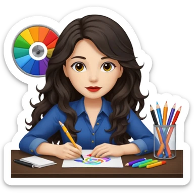 female dark wavy long hair graphic designer , color wheel, pens, papers , desktop sticker